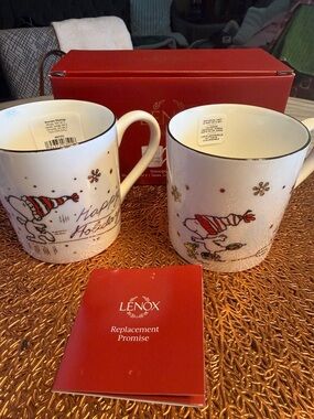 Lenox Snoopy Holiday Mugs in White, Red and Gold Accent
